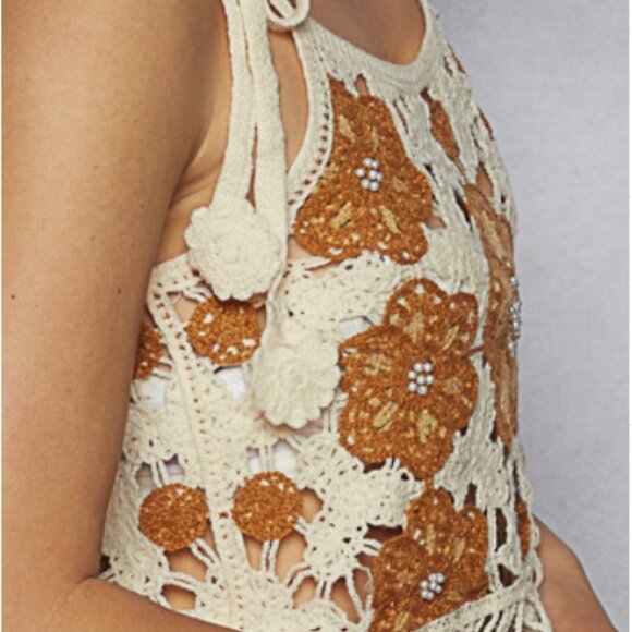 🆕 POL - Crochet - Pearl Embellished - Crop Tank Top - Caramel & Blue - Picture 12 of 16